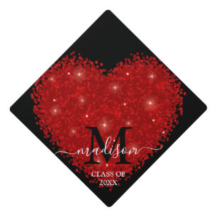 Elegant Romantic Red Glitter sparkling heart Graduation Cap Topper
