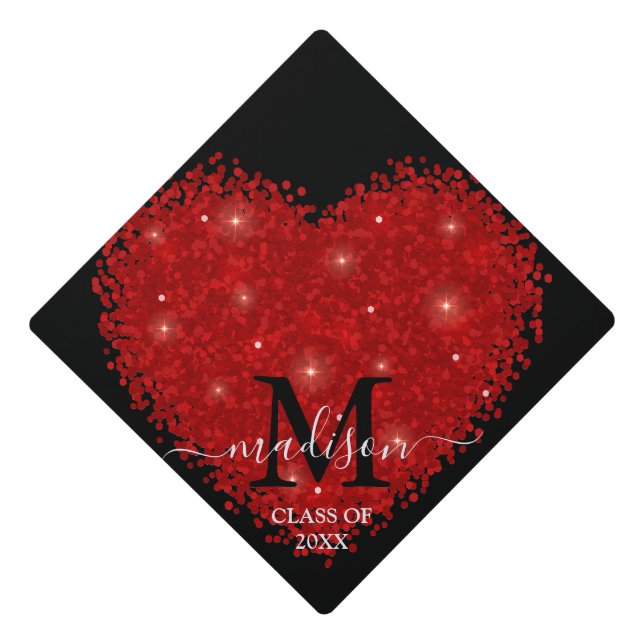 Elegant Romantic Red Glitter sparkling heart Graduation Cap Topper (Front)