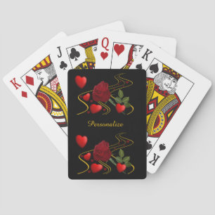 Elegant Romantic Red Hearts Roses Gold Ribbon Poker Cards