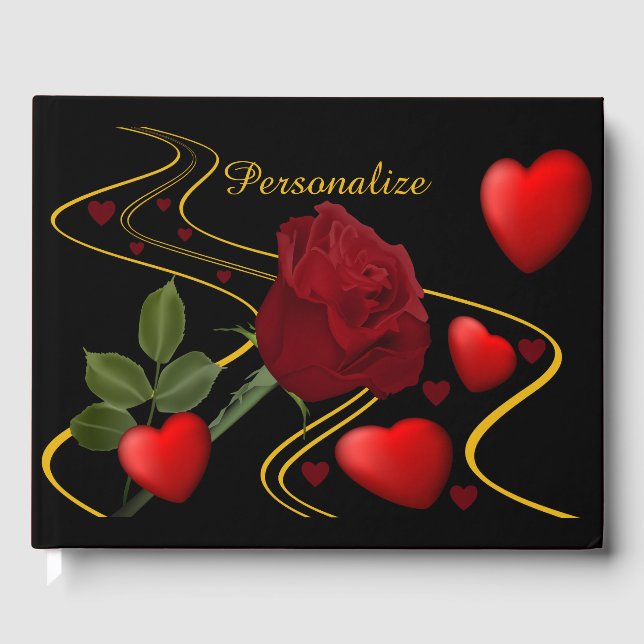 Elegant Romantic Red Rose Hearts Gold Accent Guest Book (Front)