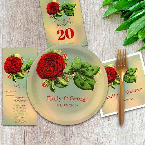 Elegant Romantic Red Rose Summer Floral Wedding Paper Plates