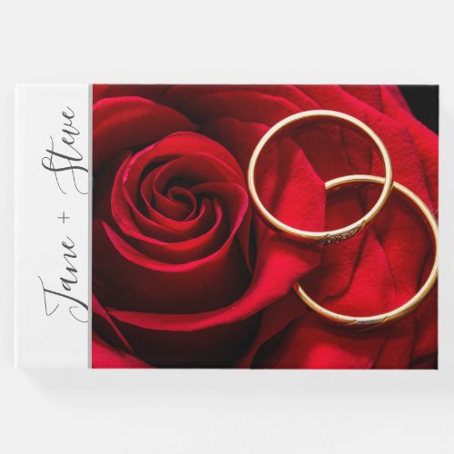 Elegant romantic red rose wedding rings guest book