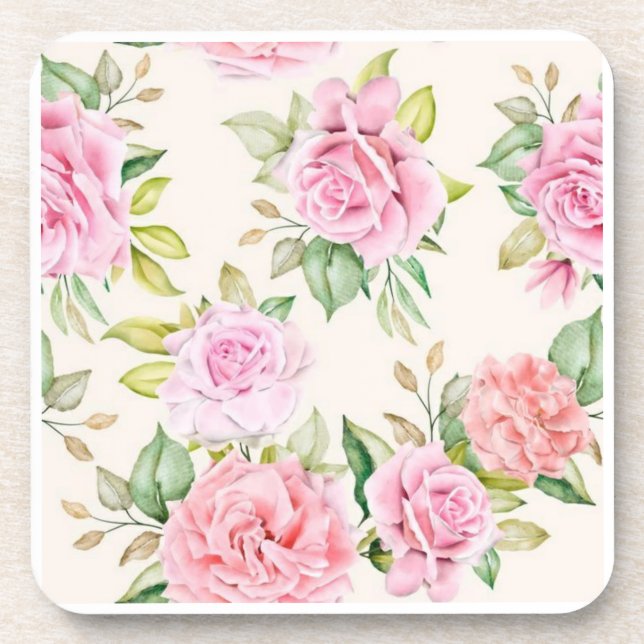 Elegant Romantic Rose Floral Pattern Beverage Coaster (Front)