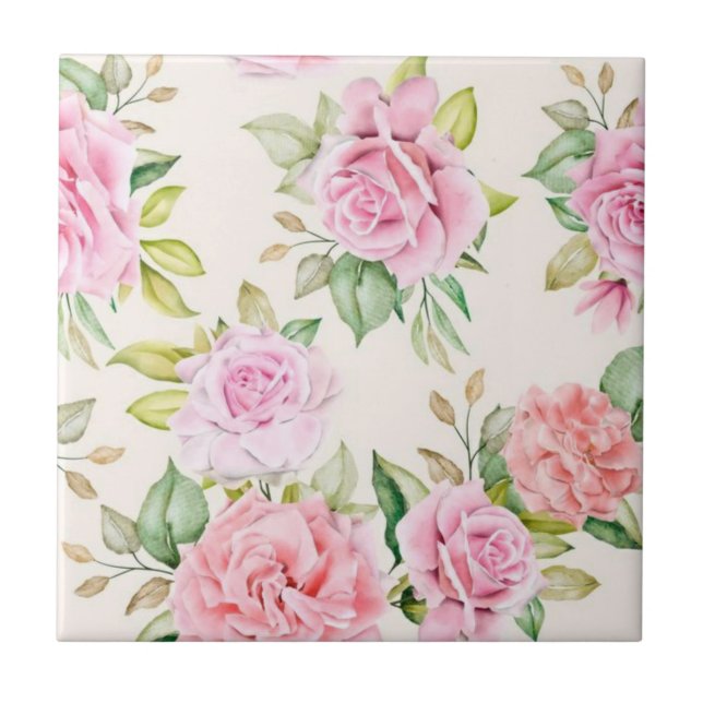 Elegant Romantic Rose Floral Pattern Ceramic Tile (Front)