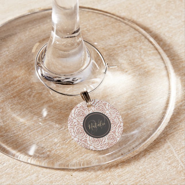 Elegant romantic rose gold roses pattern image wine charm (In Situ)