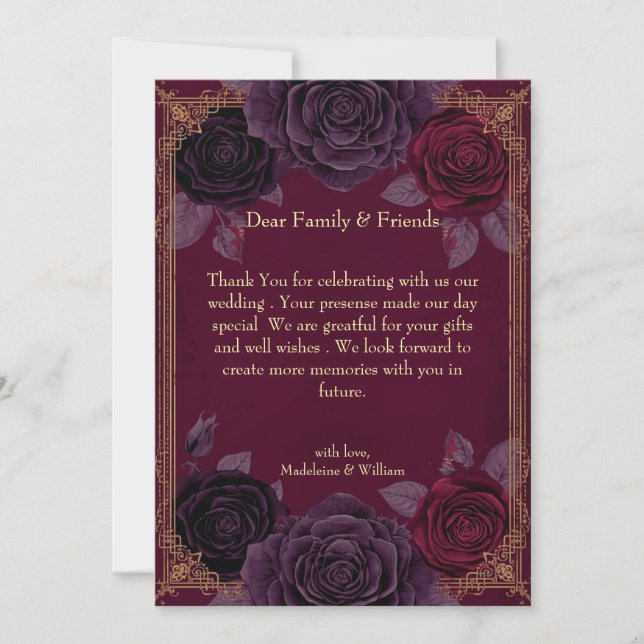Elegant Romantic Roses Gothic Wedding Thank You Card (Front)