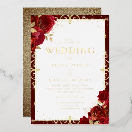 Elegant Romantic Royal Red Roses Wedding Gold Foil Invitation