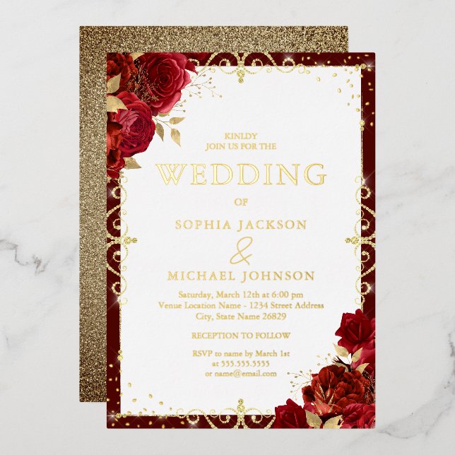 Elegant Romantic Royal Red Roses Wedding Gold Foil Invitation (Front/Back)