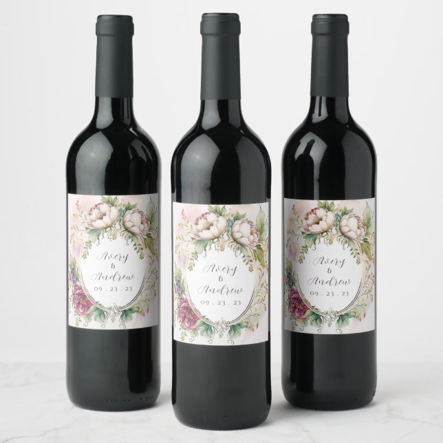 Elegant Romantic Rustic Floral Wedding Square Stic Wine Label (Bottles)