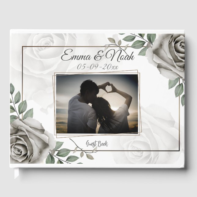 Elegant Romantic Rustic white roses Wedding Photo Guest Book (Front)