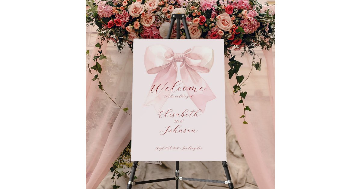 Elegant romantic script bow wedding welcome sign | Zazzle