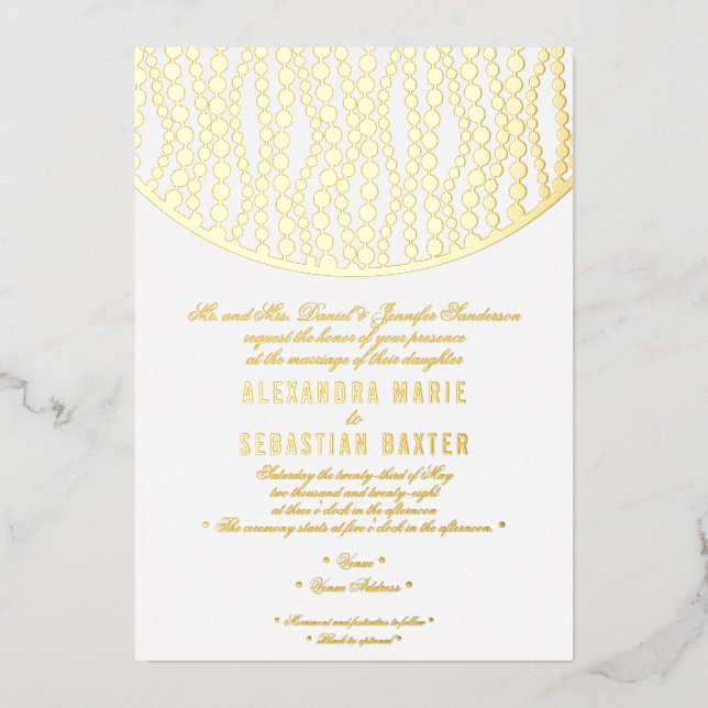 Elegant Romantic Script Golden Pearls Wedding Gold Foil Invitation (Front)