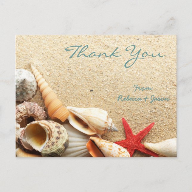 elegant romantic seashells beach wedding thank you postcard (Front)