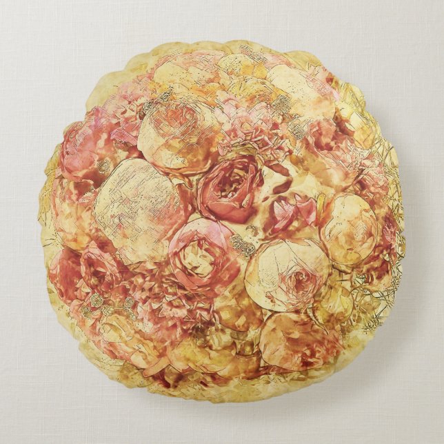 Elegant Romantic Shabby Chic Cream & Pink Roses Round Pillow (Front)