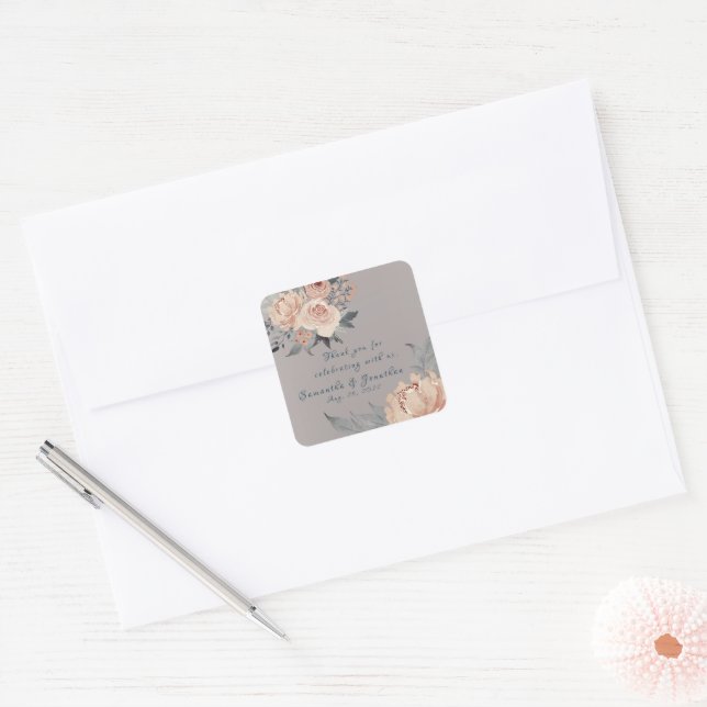Elegant Romantic Silver Pink Floral Wedding Square Sticker (Envelope)