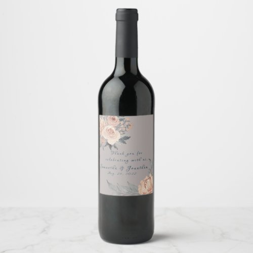 Elegant Romantic Silver Pink Floral Wedding Wine Label