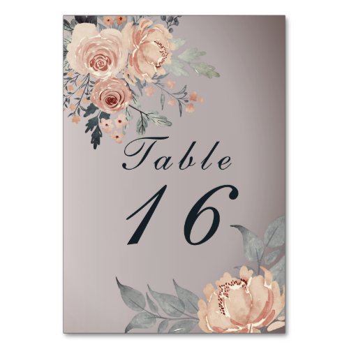 Elegant Romantic Silver Pink Watercolor Floral Table Number