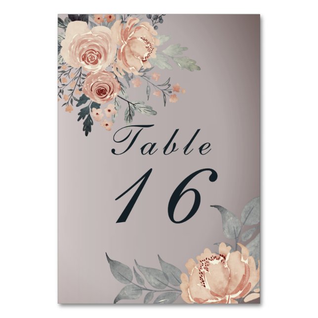 Elegant Romantic Silver Pink Watercolor Floral Table Number (Front)