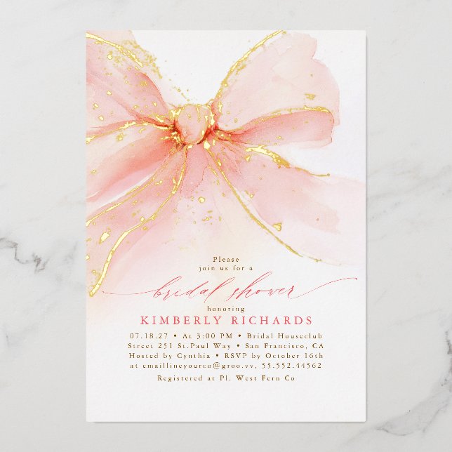 Elegant Romantic Soft Pink Bow Bridal Shower Foil Invitation (Front)