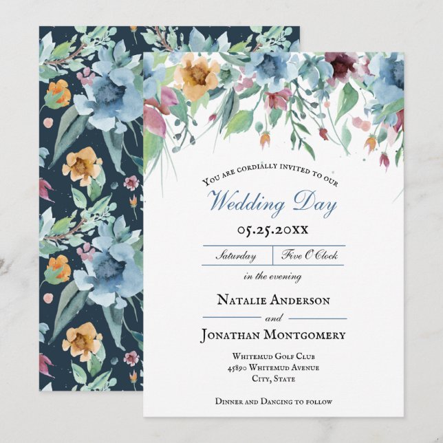elegant romantic spring floral dusty blue wedding invitation (Front/Back)