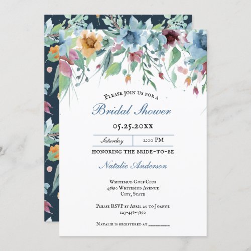 elegant romantic spring floral navy blue bridal invitation