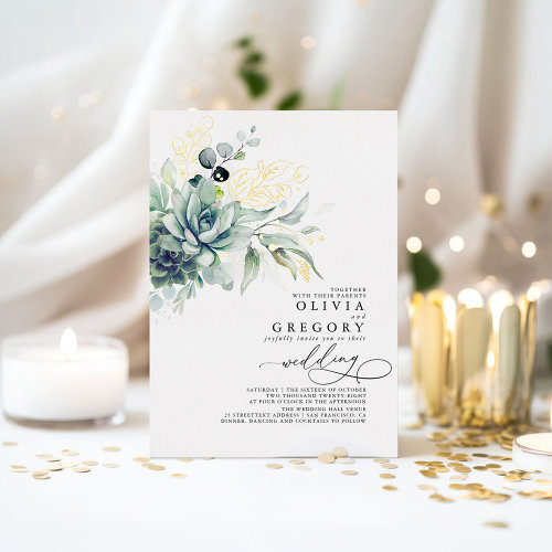 Elegant Romantic Succulents Gold Greenery Wedding Foil Invitation