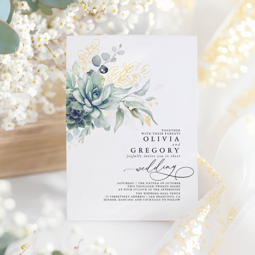 Elegant Romantic Succulents Gold Greenery Wedding Foil Invitation