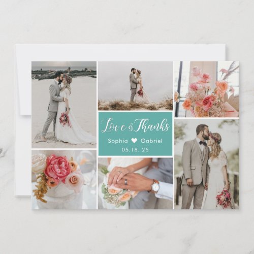 Elegant Romantic Teal 6 Photo Collage Wedding Thank You Card