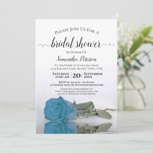 Elegant Romantic Turquoise Blue Rose Bridal Shower Invitation (Standing Front)