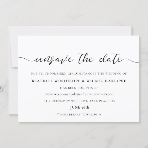 Elegant romantic Unsave the date wedding update Invitation