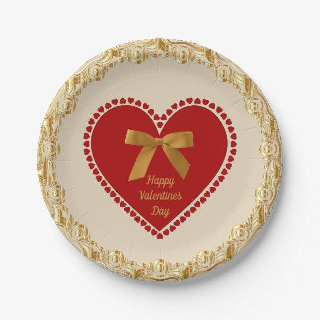 Elegant Romantic Valentine Faux Gold Bow Red Heart Paper Plates (Front)