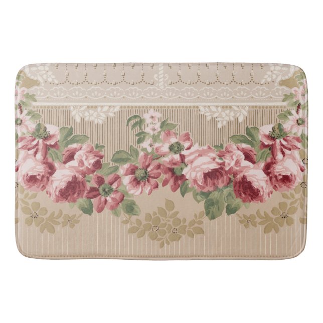 Elegant Romantic Victorian Pink Floral Bath Mat (Front)