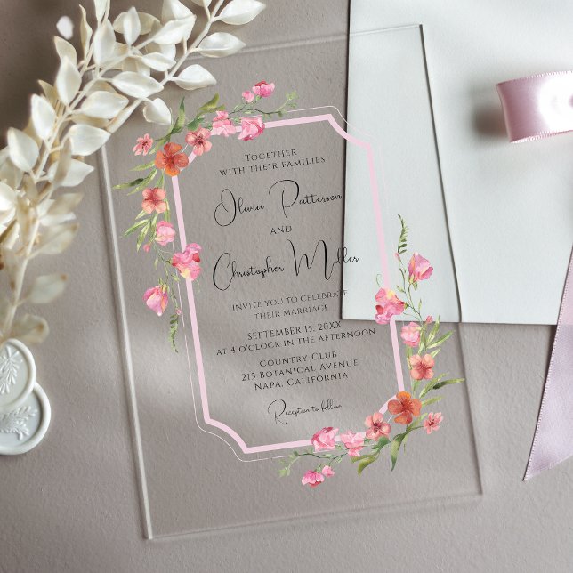 Elegant Romantic Watercolor Floral Wedding Acrylic Invitations (Creator Uploaded)