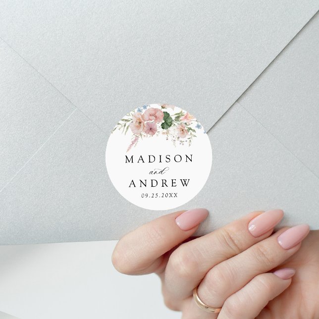 Elegant Romantic Watercolor Floral Wedding Classic Round Sticker (Creator Uploaded)