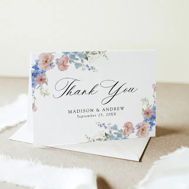 Elegant Romantic Watercolor Floral Wedding Thank You Card | Zazzle
