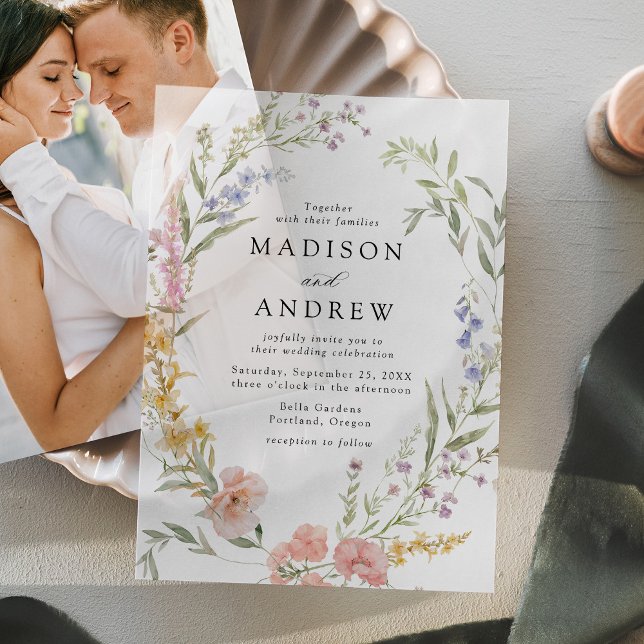 Elegant Romantic Watercolor Floral Wreath Wedding Vellum Invitations (Creator Uploaded)