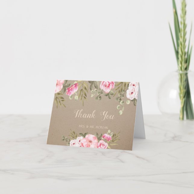 Elegant Romantic Watercolor Flowers Thank You Card (Front)