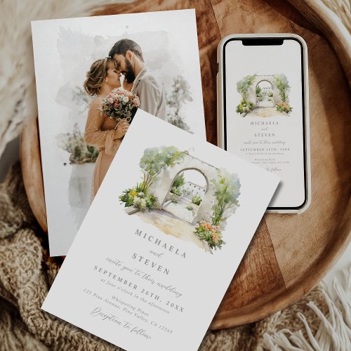 Elegant Romantic Watercolor Photo Wedding Invitation
