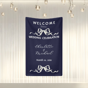 Elegant Romantic Wedding Navy Ribbon & Bow Banner