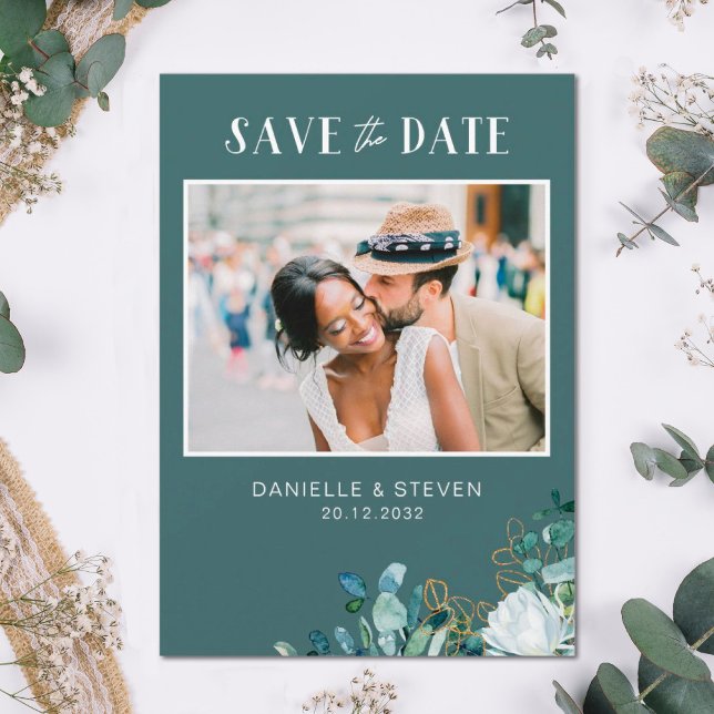 Elegant romantic white flowers eucalyptus wedding save the date (Creator Uploaded)