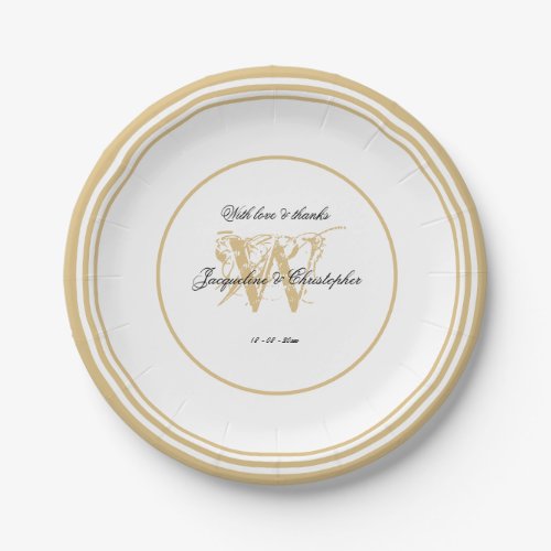 Elegant Romantic White Gold Wedding Chic Monogram  Paper Plates