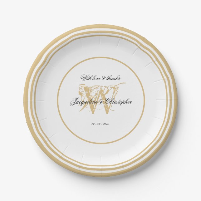 Elegant Romantic White Gold Wedding Chic Monogram  Paper Plates (Front)
