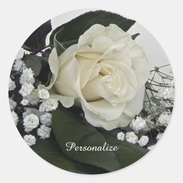 Elegant & Romantic White Rose Personalize Classic Round Sticker (Front)