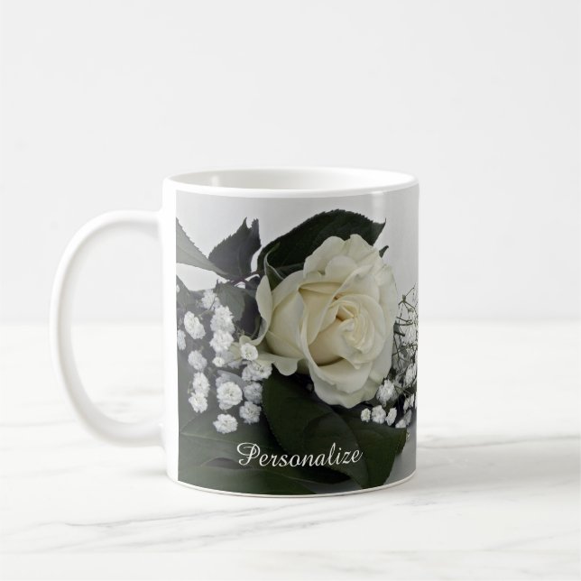Elegant & Romantic White Rose Personalize Coffee Mug (Left)