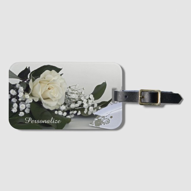 Elegant & Romantic White Rose Personalize Luggage Tag (Front Horizontal)