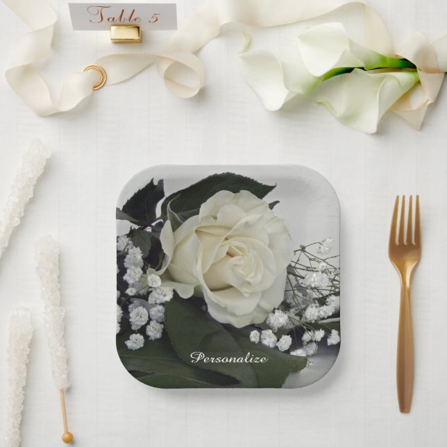 Elegant & Romantic White Rose Personalize Paper Plates (Wedding)