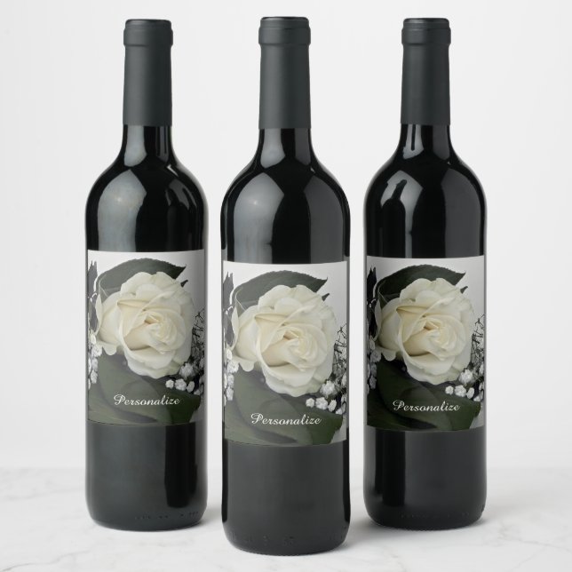 Elegant & Romantic White Rose Personalize Wine Label (Bottles)