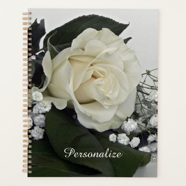Elegant & Romantic White Rose Personalized Planner (Front)