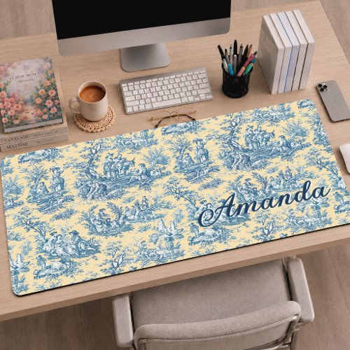Elegant Romantic Yellow Teal Toile de Jouy Desk Mat