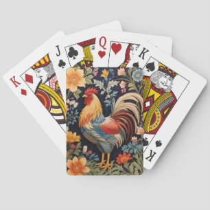 Elegant Rooster on Colorful Floral Background Poker Cards
